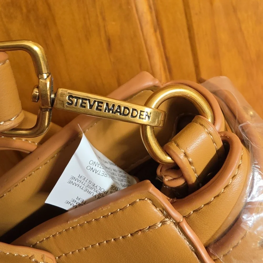 Steve Madden Medium Satchel Handbag Women Tan Faux Leather Gold Hardware New
